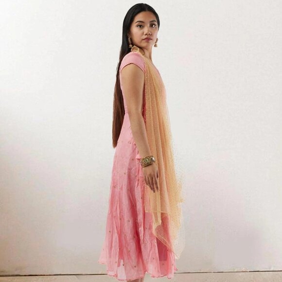 EthnoChic Pink Banarasi Georgette Dress | Muvvas Boutique - Picture 4 of 5